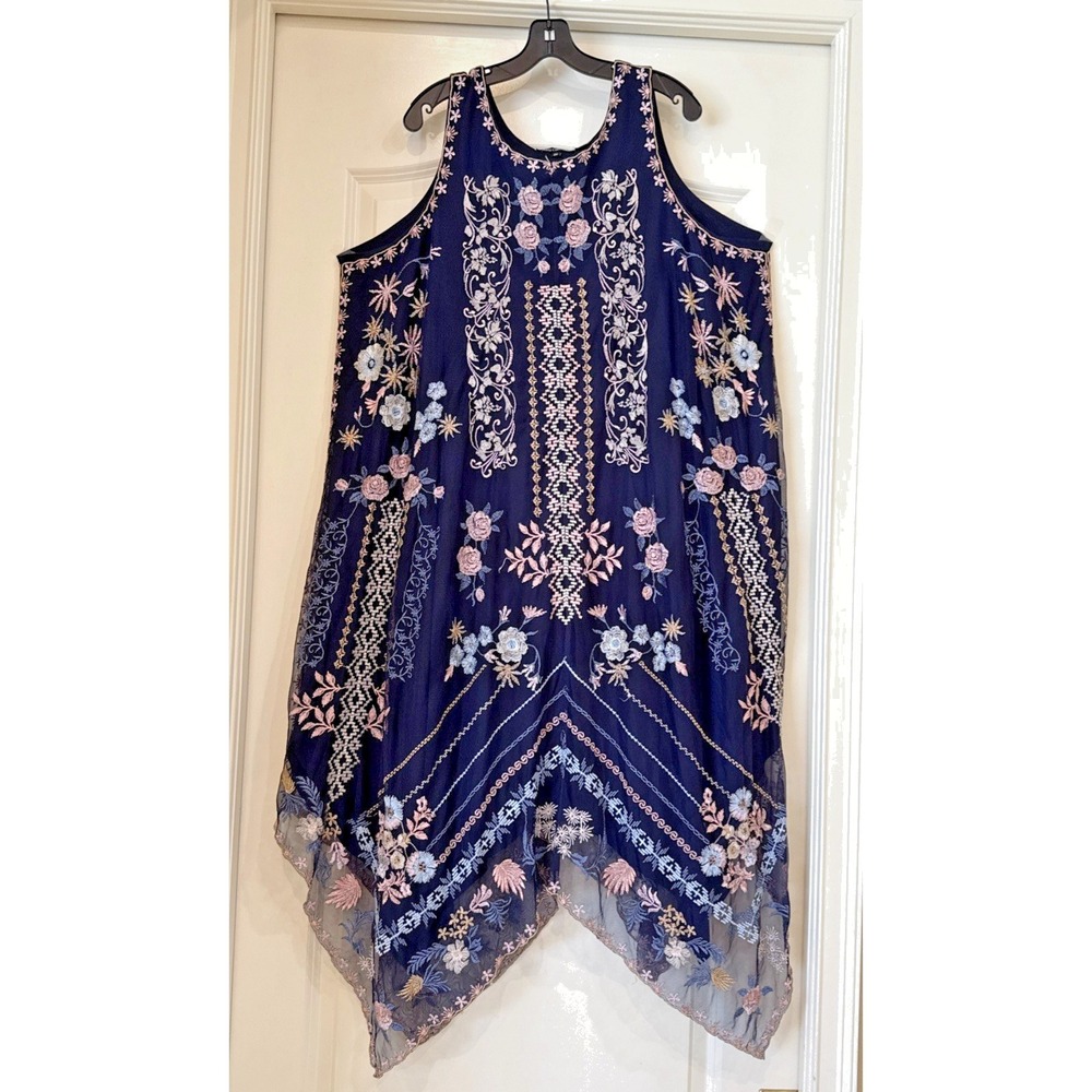 Tolani Collection Blue Floral Embroidered Lined Maxi Dress Sleeveless Sz 2XL